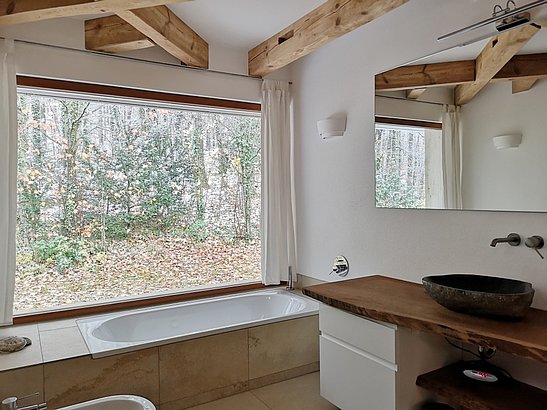 Bad mit verglaster Wand zum Wald